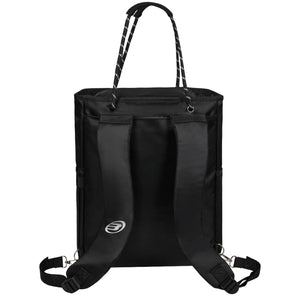 Achterzijde van de zwarte Bullpadel Backpack W 26 met rugpanelen en wit logo.