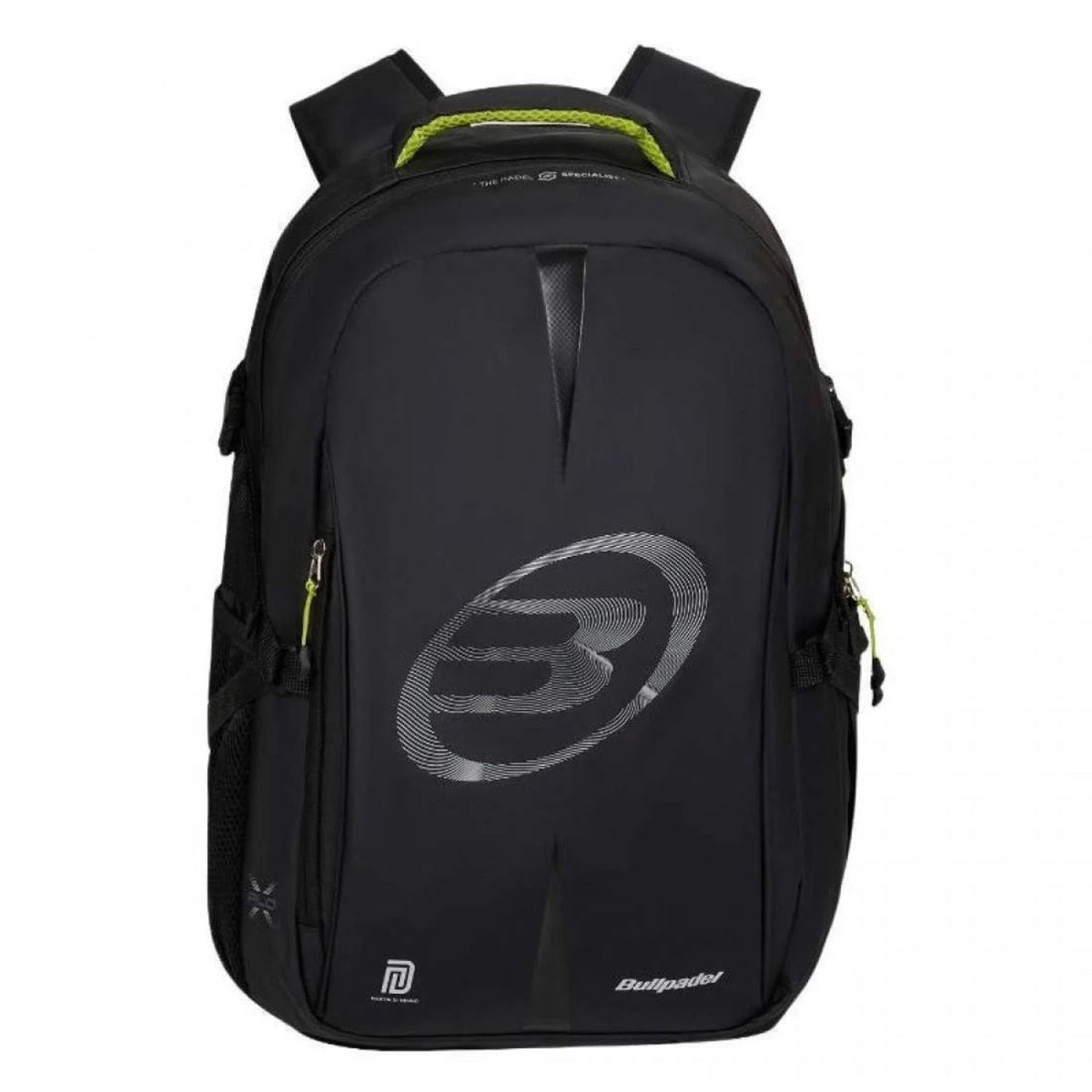 Vooraanzicht van de zwarte Bullpadel Backpack XPLO 2026 met limegroene accenten.