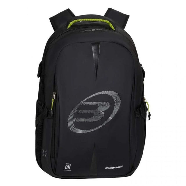 Vooraanzicht van de zwarte Bullpadel Backpack XPLO 2026 met limegroene accenten.