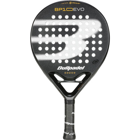 Bullpadel BP10 EVO 25 padelracket in zwart met wit slagvlakpatroon, vooraanzicht