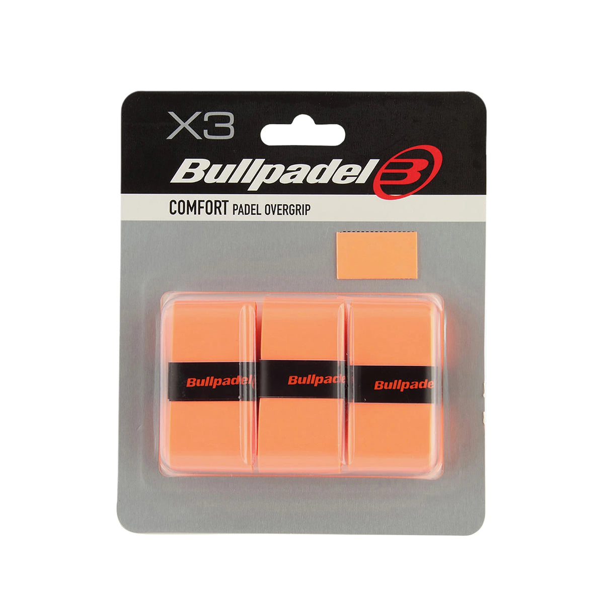 Bullpadel Comfort overgrips Neon Orange, verpakking met drie neonoranje overgrips