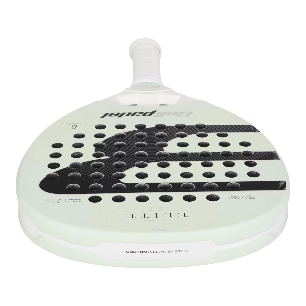 Bovenaanzicht van het Bullpadel Elite 02 27 met mintgroen slagvlak en zwart logo
