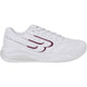 Zijaanzicht van de witte Bullpadel Elite 25I met bordeauxrood logo op de zijkant