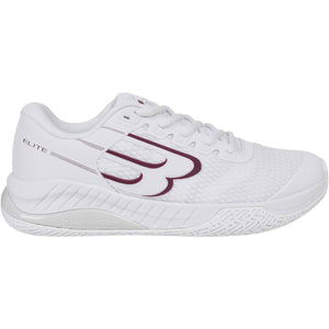 Zijaanzicht van de witte Bullpadel Elite 25I met bordeauxrood logo op de zijkant
