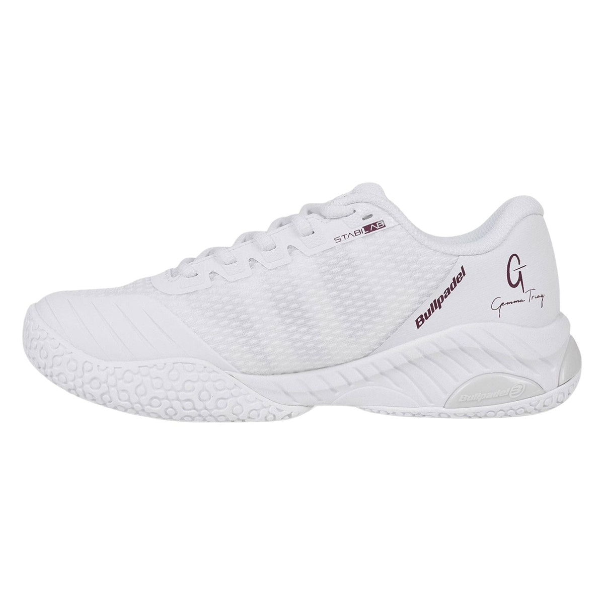Binnenzijde van de volledig witte Bullpadel Elite 25I Garnet met witte veters en gladde zijkant