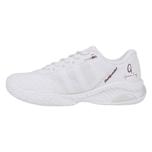 Binnenzijde van de volledig witte Bullpadel Elite 25I Garnet met witte veters en gladde zijkant