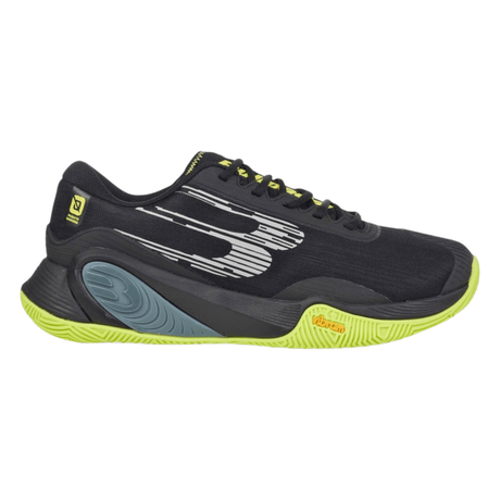 Bullpadel Hack Vibram 25I Black, zijaanzicht buitenkant met limegroene Vibram-zool