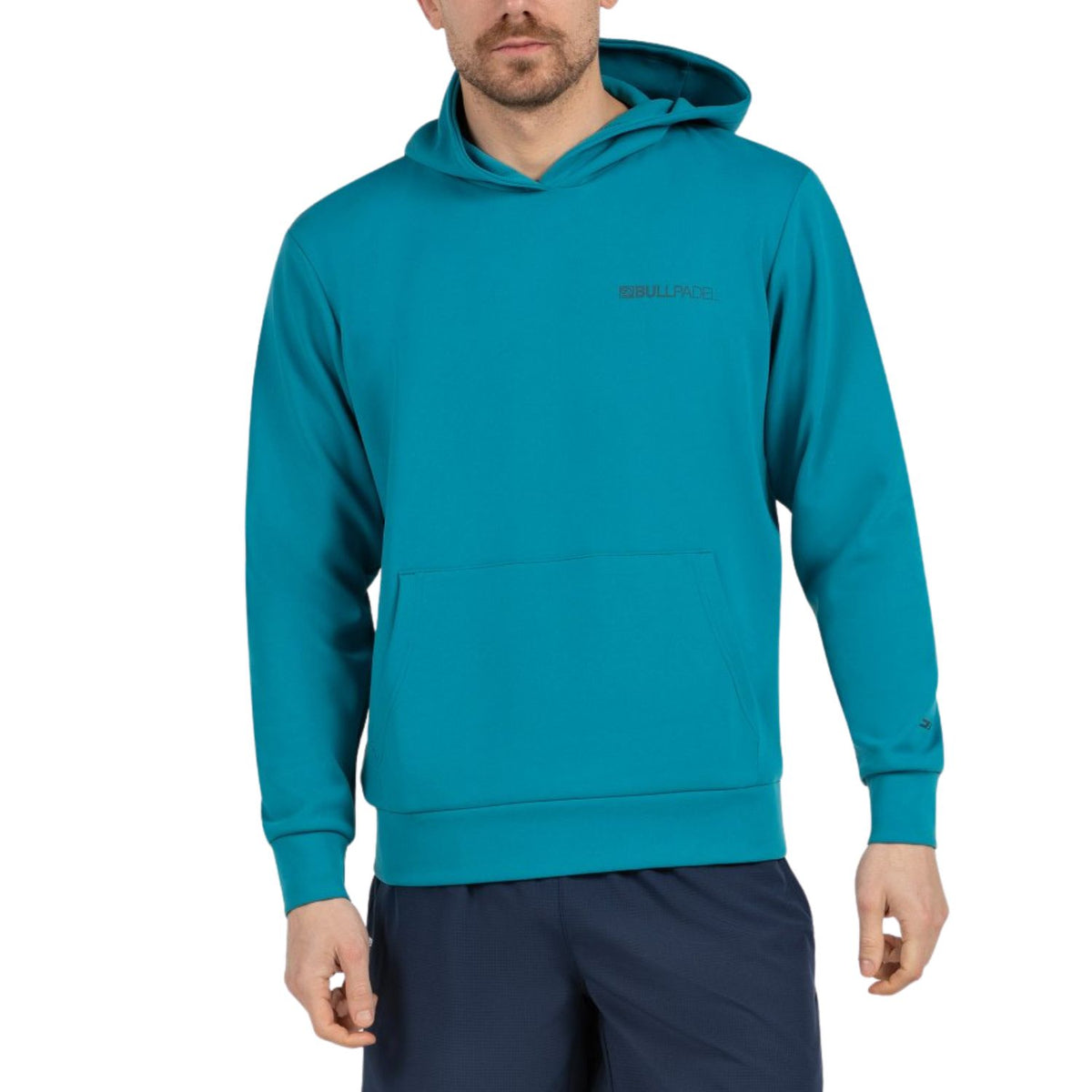 Bullpadel Albier hoodie voor heren in turquoise, vooraanzicht met capuchon