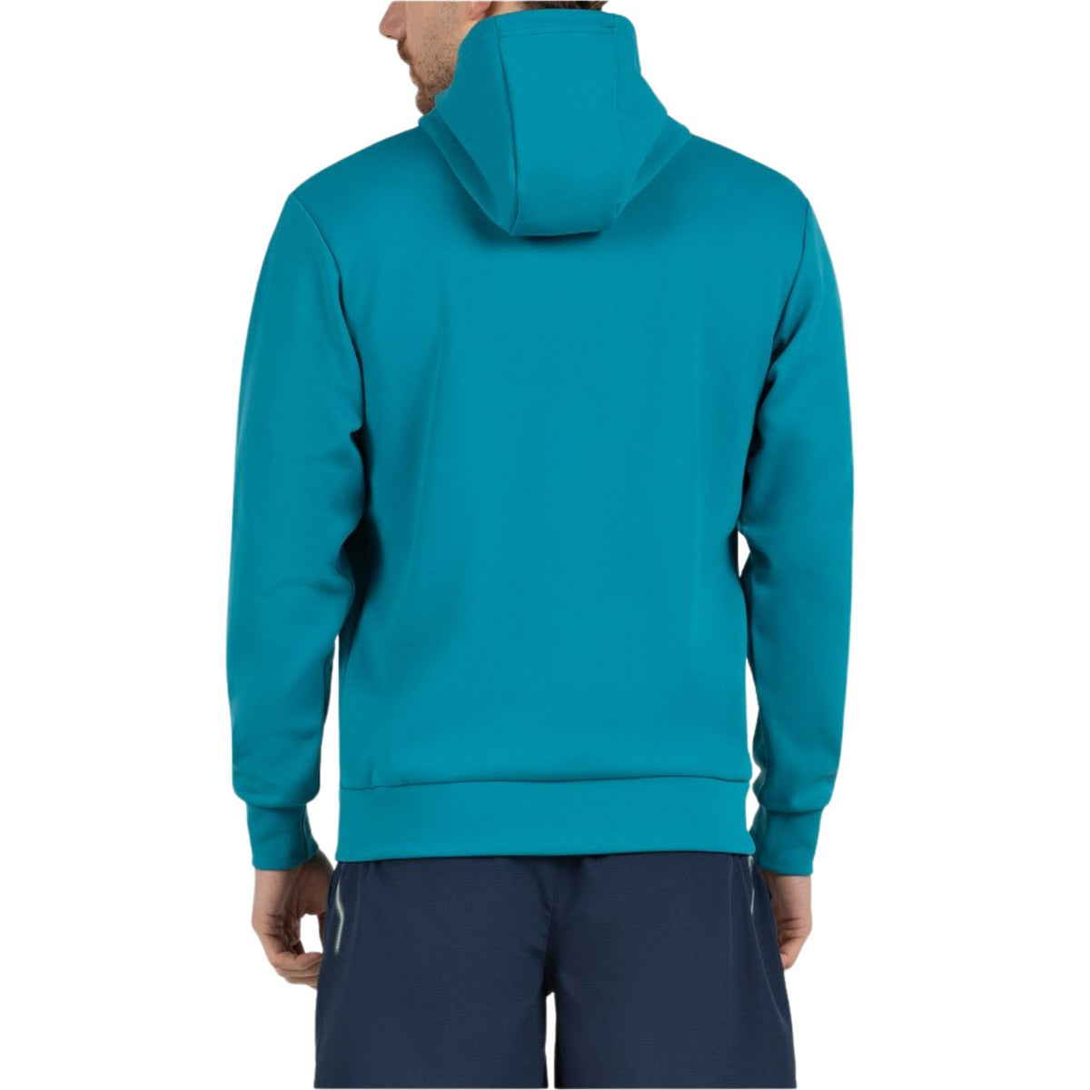 Achterzijde van de turquoise Bullpadel Albier hoodie met capuchon