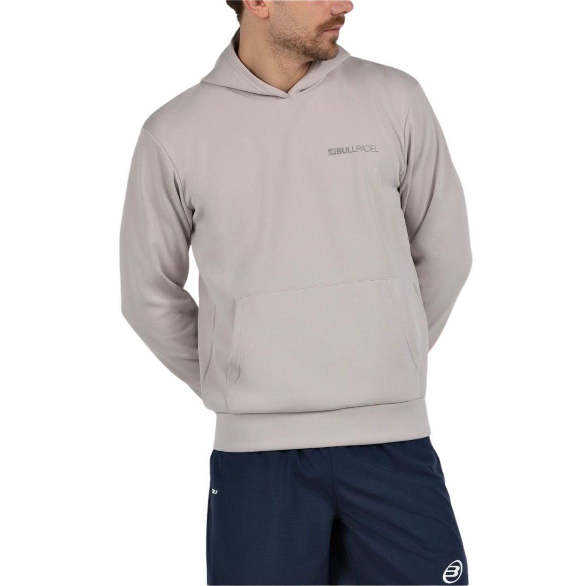 Beigegrijze Bullpadel Albier hoodie schuin met kangoeroezak