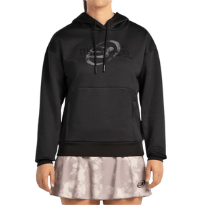 Vooraanzicht van de zwarte Bullpadel Hoodie Befas met groot logo en buidelzak