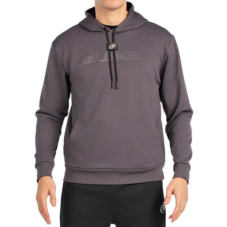 Vooraanzicht van de grijspaarse Bullpadel Hoodie Binee met capuchon en trekkoord