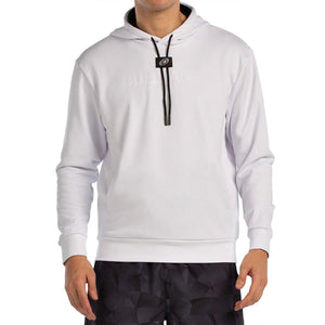 Vooraanzicht van de witte Bullpadel Hoodie Binee met zwart trekkoord in de capuchon