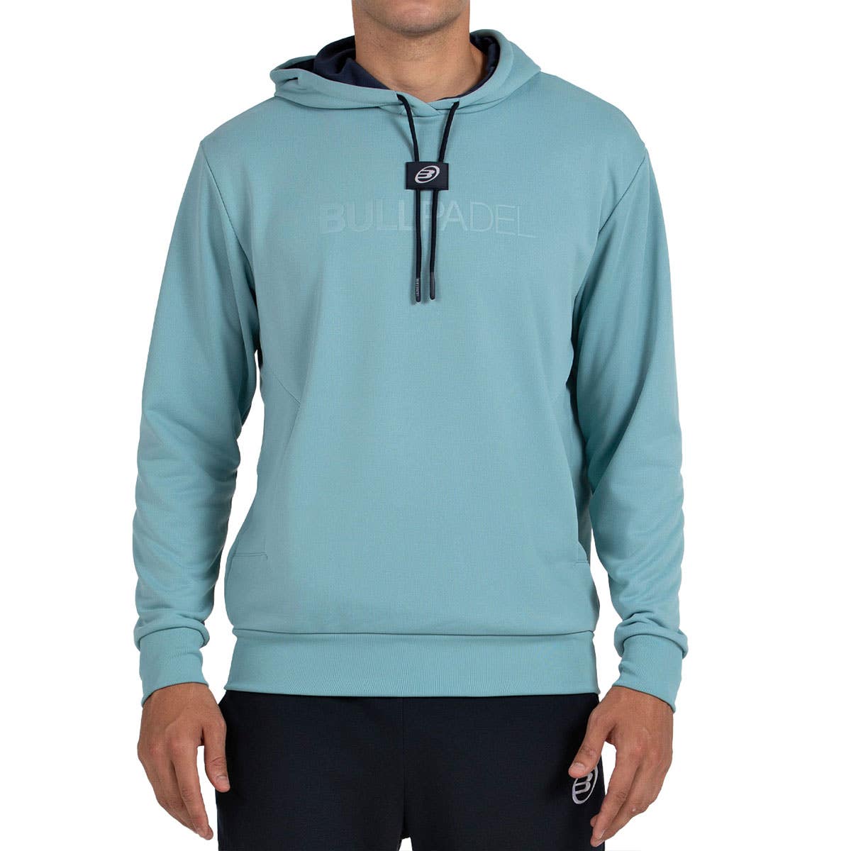 Vooraanzicht van de aquablauwe Bullpadel Hoodie Binee met capuchon en trekkoord
