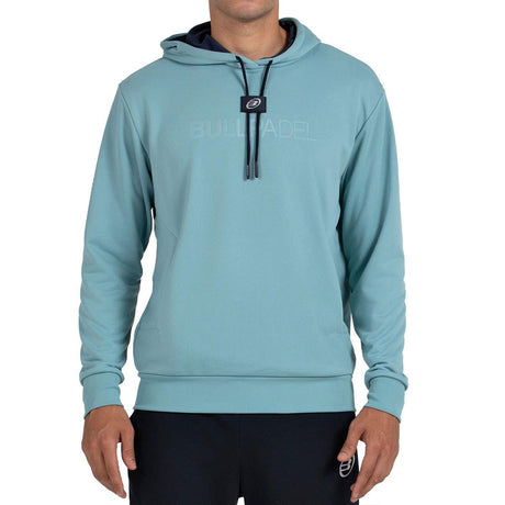 Vooraanzicht van de aquablauwe Bullpadel Hoodie Binee met capuchon en trekkoord