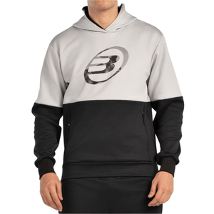 Vooraanzicht van de grijs met zwarte Bullpadel Hoodie Boyal met groot logo