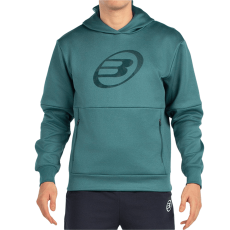 Vooraanzicht van de petrolgroene Bullpadel Hoodie Boyal met groot logo op de borst