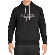 Vooraanzicht van de zwarte Bullpadel Hoodie Boyen met wit trekkoord en buidelzak