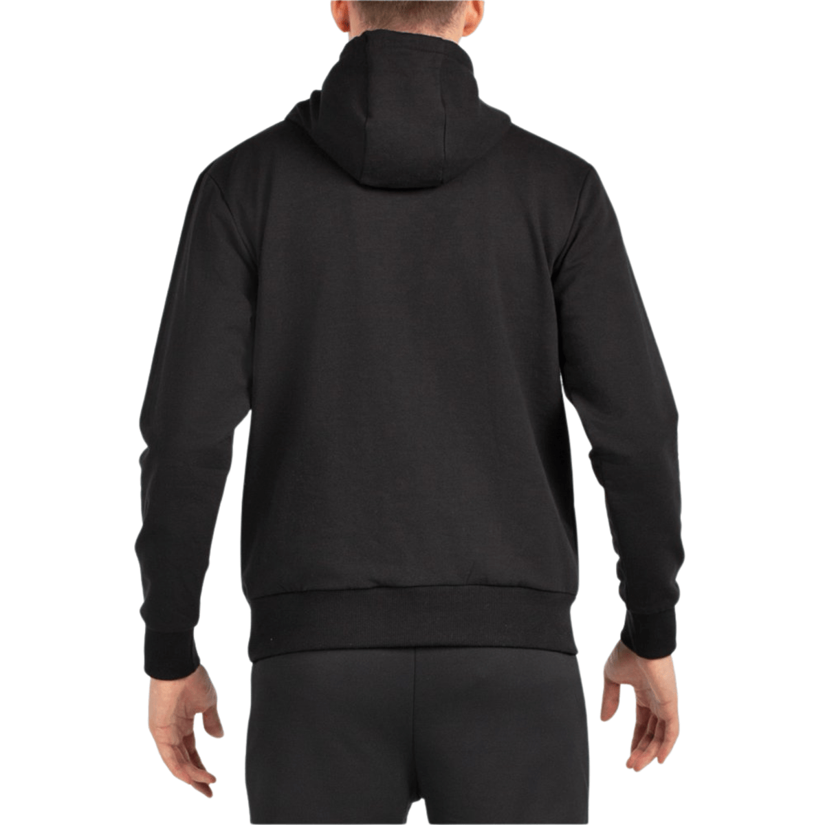 Achterzijde van de zwarte Bullpadel Hoodie Boyen met capuchon en geribde zoom