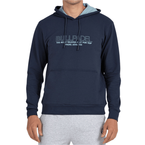 Vooraanzicht van de donkerblauwe Bullpadel Hoodie Boyen met lichtblauwe binnenkap