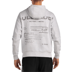 Achterzijde van de lichtgrijze Bullpadel Hoodie Breas met grote Bullpadel-opdruk
