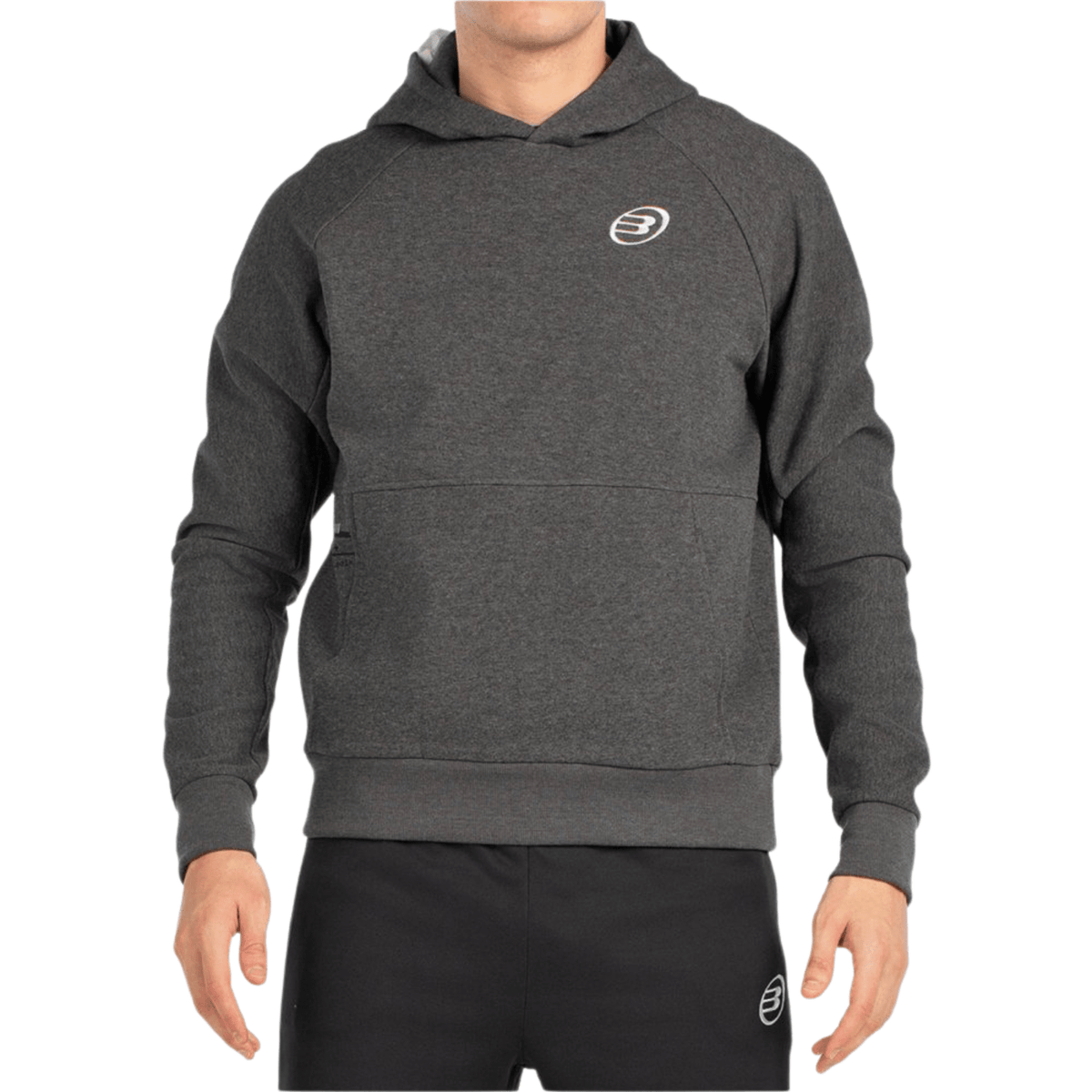 Vooraanzicht van de antracietgrijze Bullpadel Hoodie Breas met logo op de borst