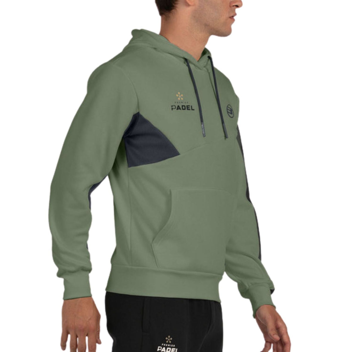 Kakigroene Bullpadel Palmiro hoodie van opzij met contrastdriehoek