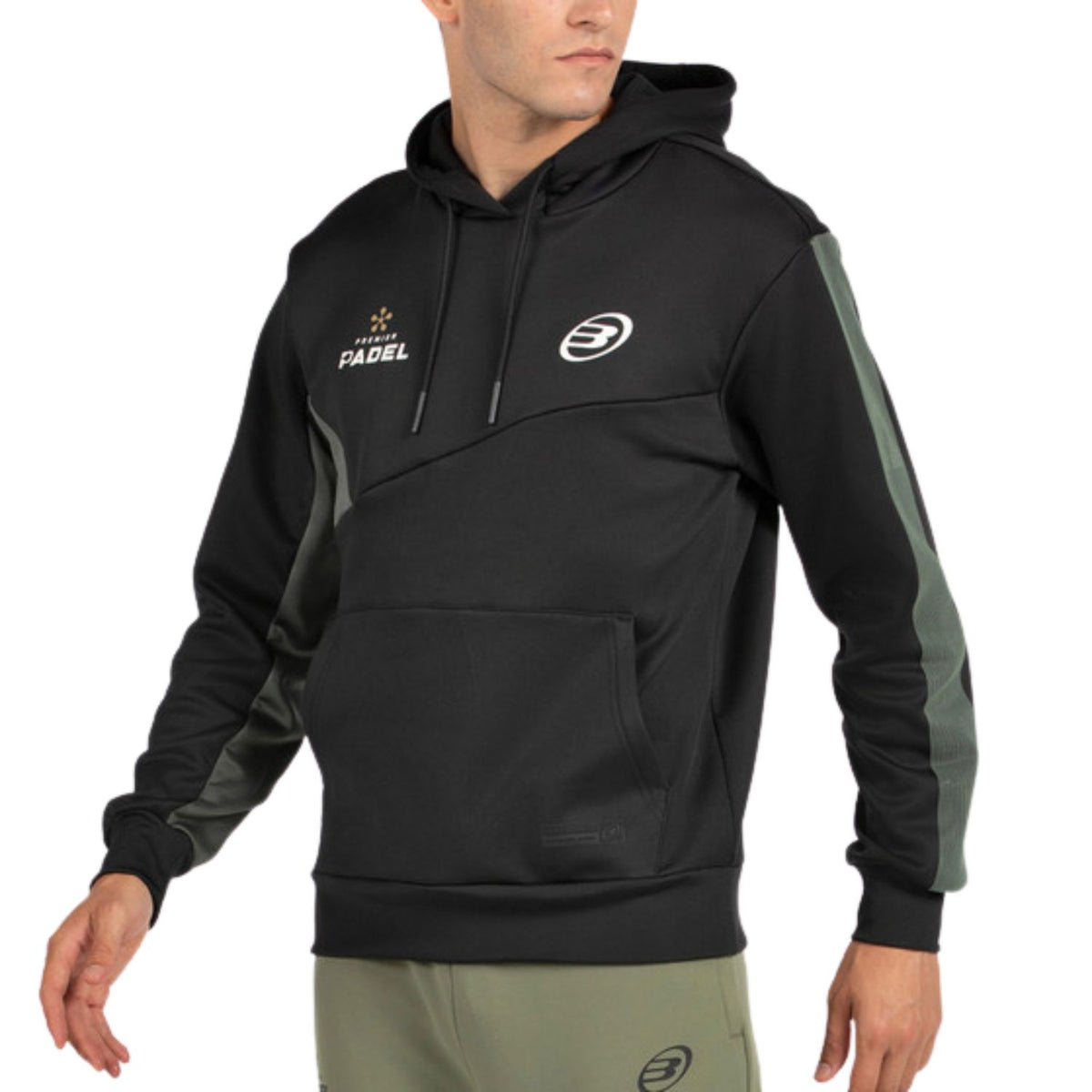 Zwarte Bullpadel Palmiro hoodie schuin met groene bies langs de mouw