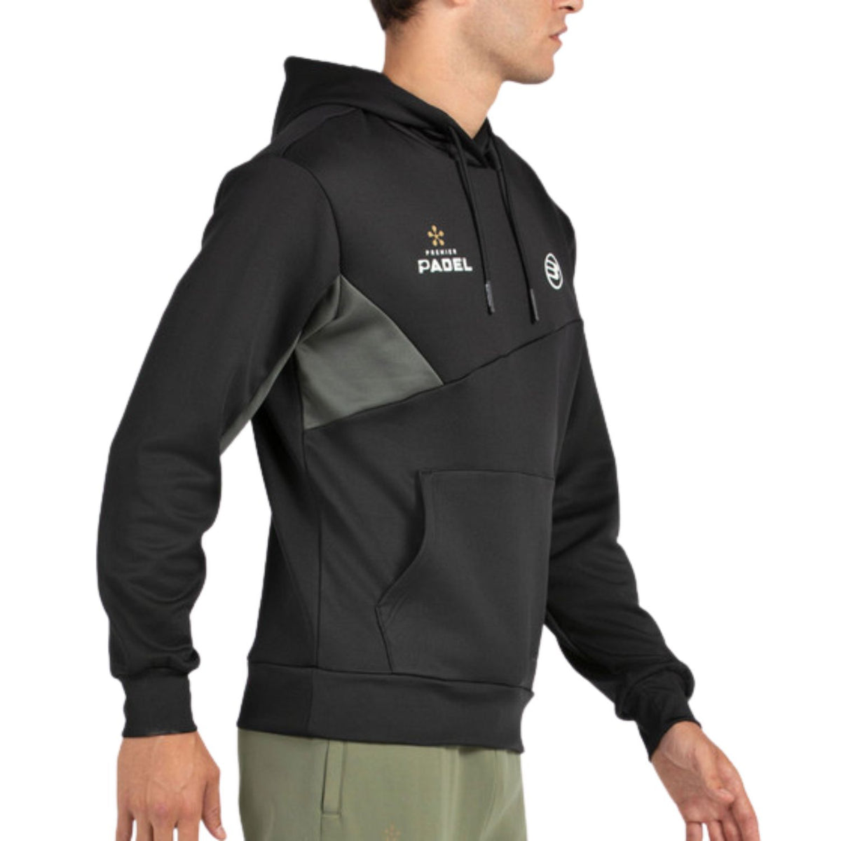 Zwarte Bullpadel Palmiro hoodie van opzij met grijs schouderpaneel