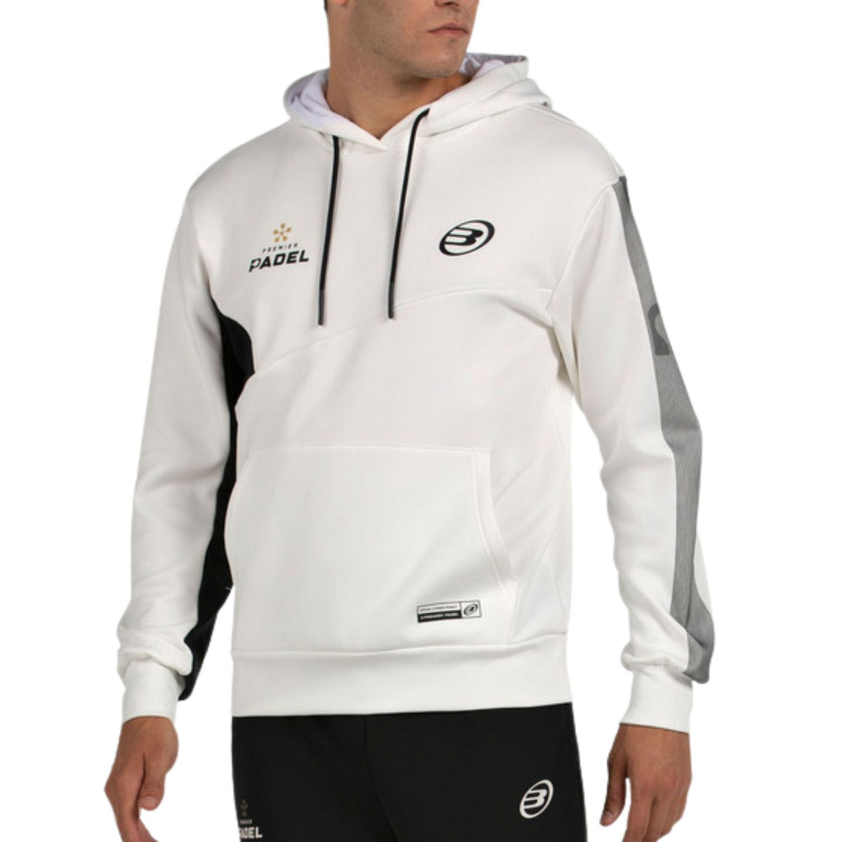 Witte Bullpadel Palmiro hoodie schuin met zwart en grijs contrastpaneel