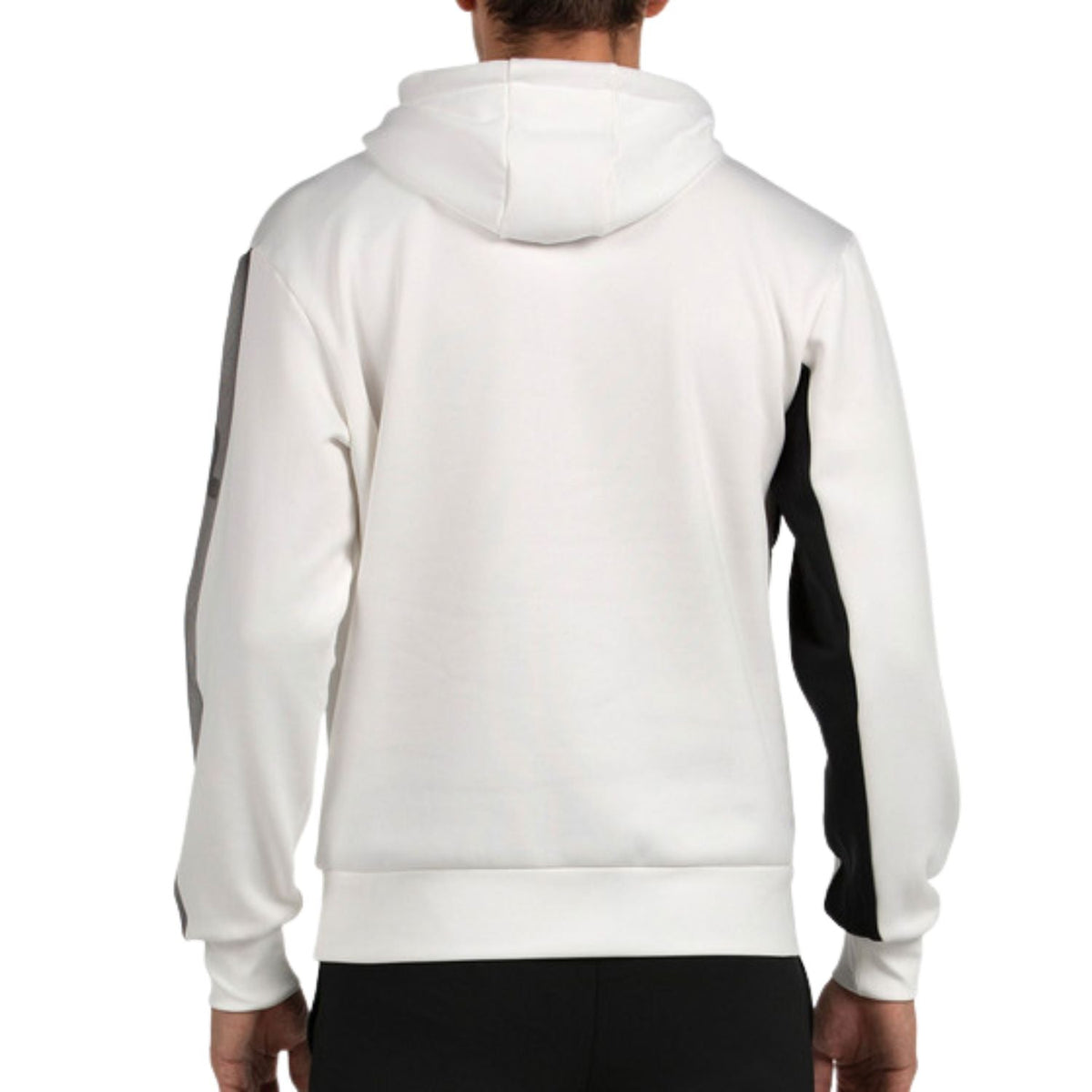 Achterzijde van de witte Bullpadel Palmiro hoodie met zwarte zijstreep