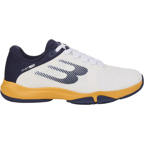 Bullpadel Hybrid Fly 25I in wit met donkerblauwe hiel en okergele middenzool, zijaanzicht