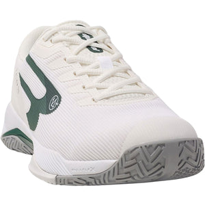 Schuin vooraanzicht van de gebroken witte Bullpadel Icon 26V met groen logo