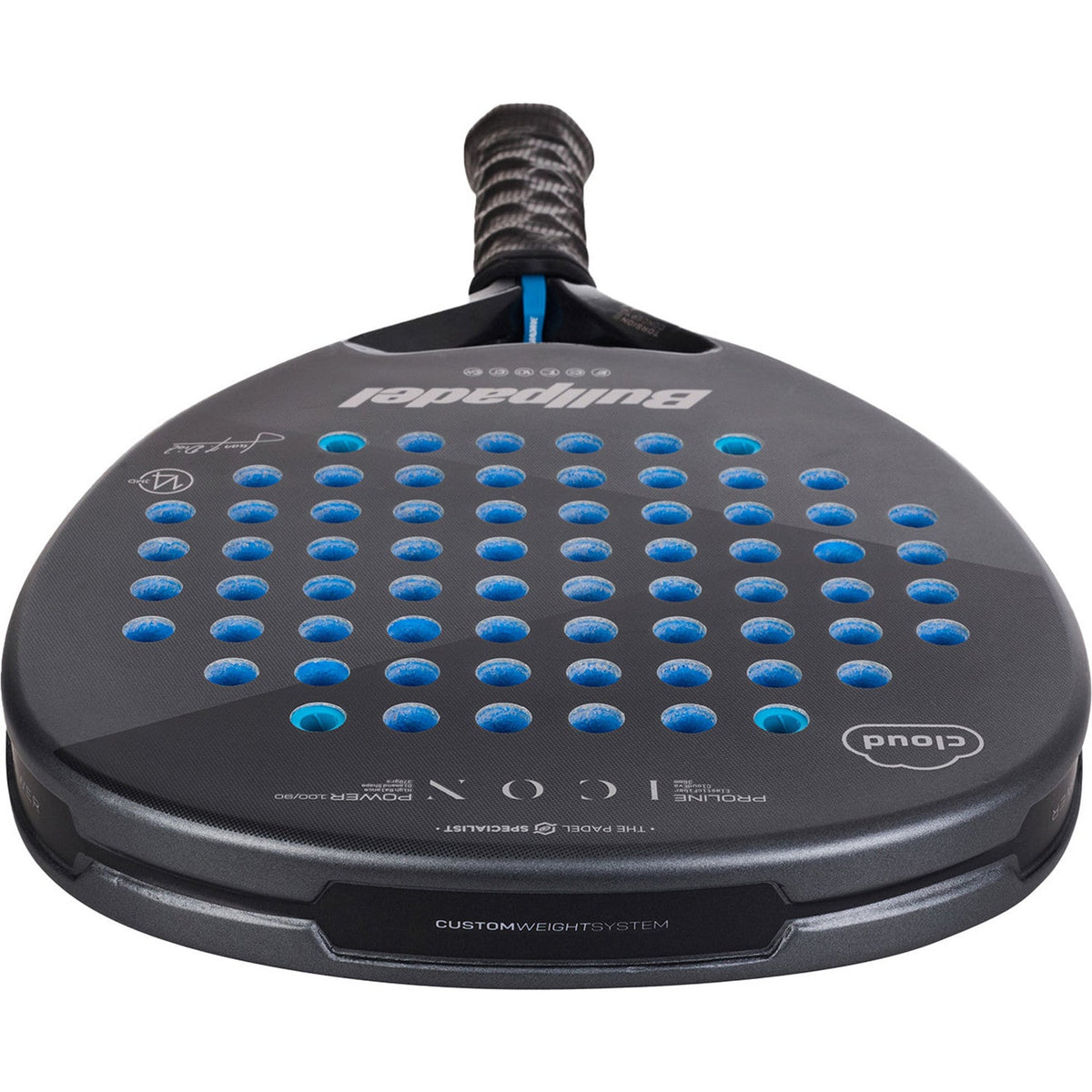 Achterzijde van het Bullpadel Icon Cloud 25 in zwart met blauw stippenpatroon