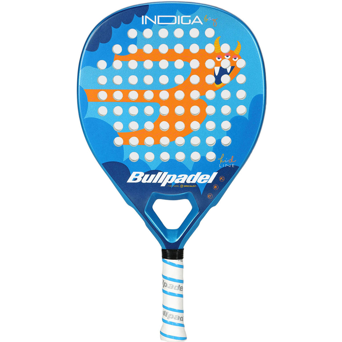 Bullpadel Indiga Junior 26 padelracket voor kinderen in blauw met oranje, vooraanzicht