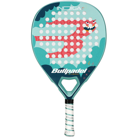 Bullpadel Indiga Junior 26 junior padelracket in turquoise met rood, vooraanzicht