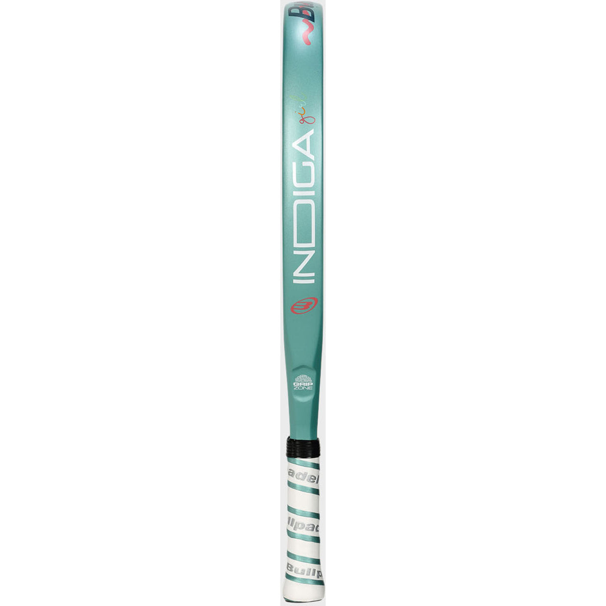 Zijaanzicht van het turquoise Bullpadel Indiga Junior 26 padelracket