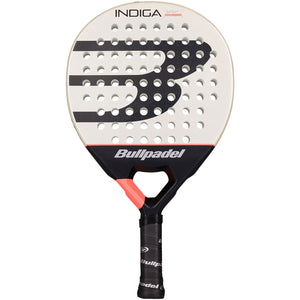 Bullpadel Indiga W 26 dames padelracket in gebroken wit met zwart en koraal, vooraanzicht