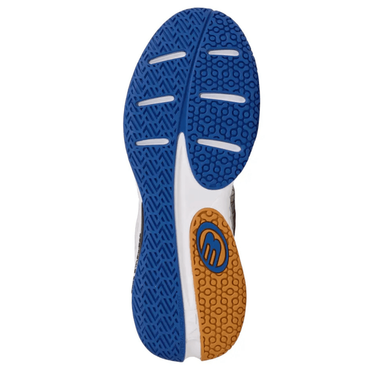 Blauwe zool van de Bullpadel Ionic 25I met oranje hiel en visgraatprofiel