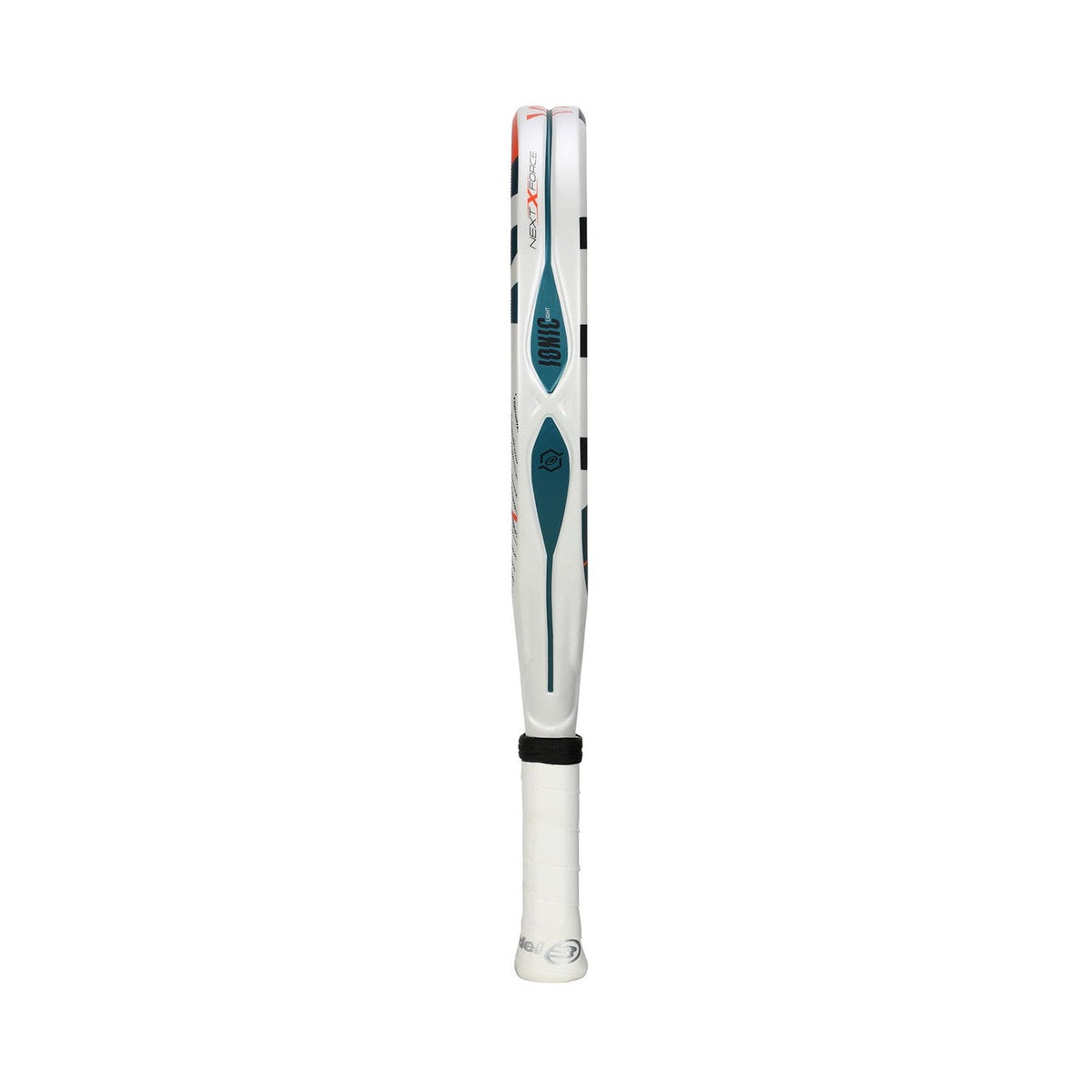Zijaanzicht van het Bullpadel Ionic Light 25 over de volle lengte met witte grip