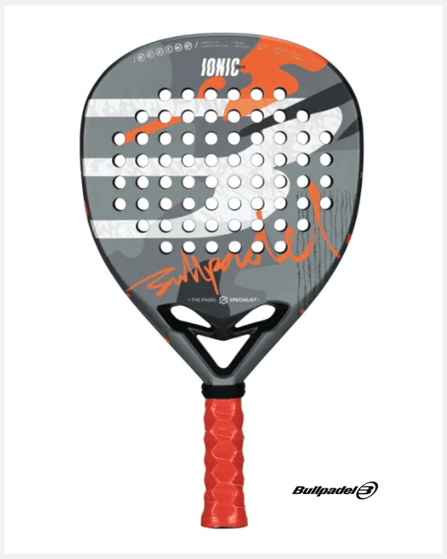 Bullpadel IONIC POWER 25 padelracket in grijs met oranje accenten, vooraanzicht