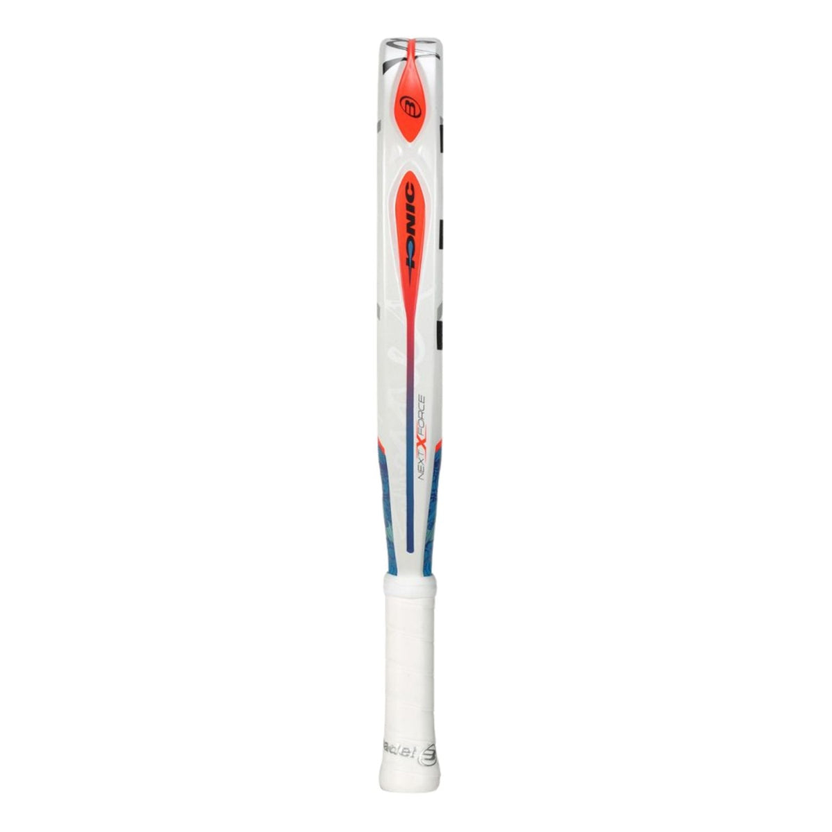 Zijaanzicht van het Bullpadel Ionic Power 26 over de volle lengte met witte grip