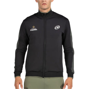 Vooraanzicht van het zwarte Bullpadel Jacket Pindaro met gouden Padel-opdruk