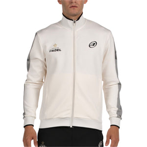 Vooraanzicht van het gebroken witte Bullpadel Jacket Pindaro met logo op de borst