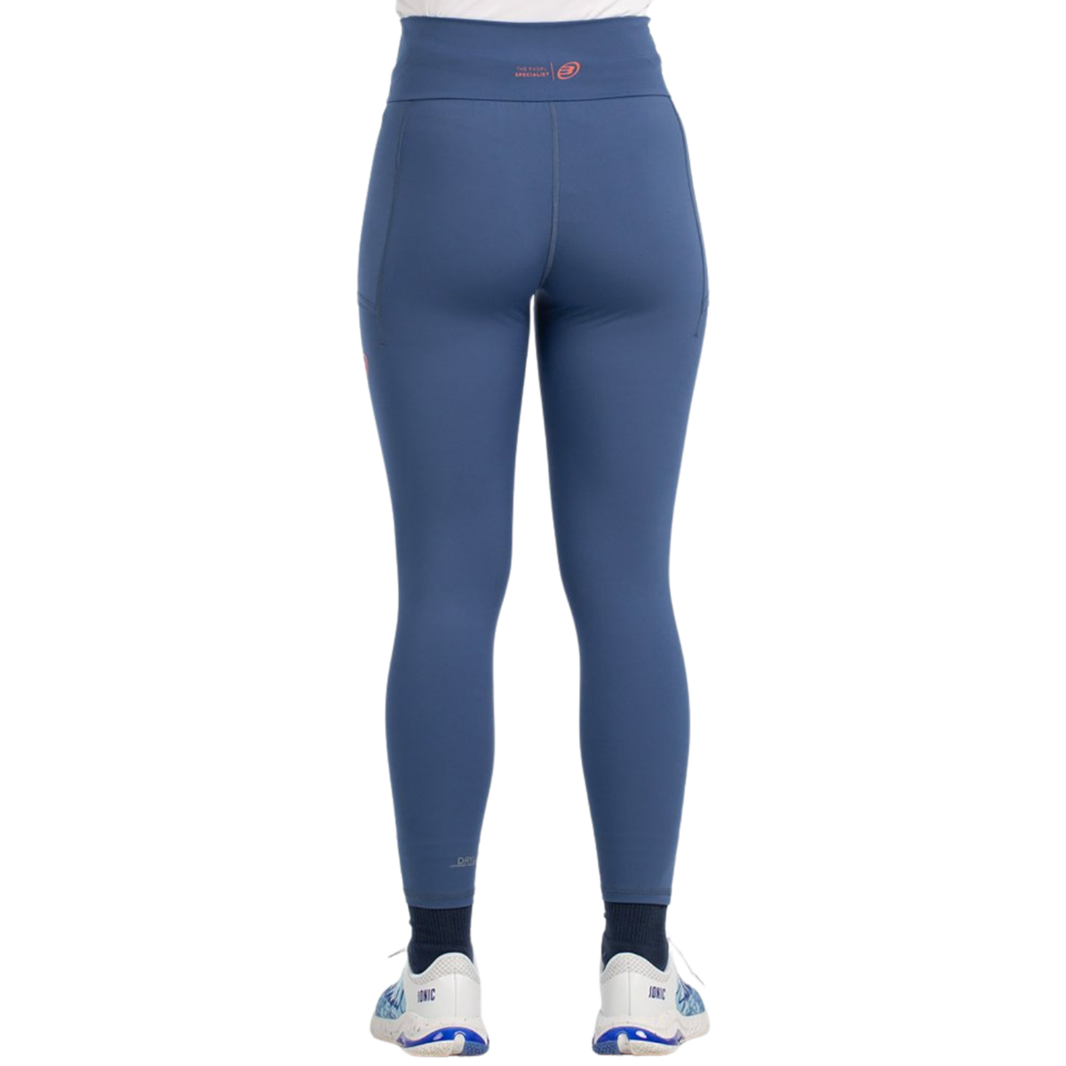 Achterzijde van de blauwe Bullpadel Cujan legging voor dames met brede tailleband