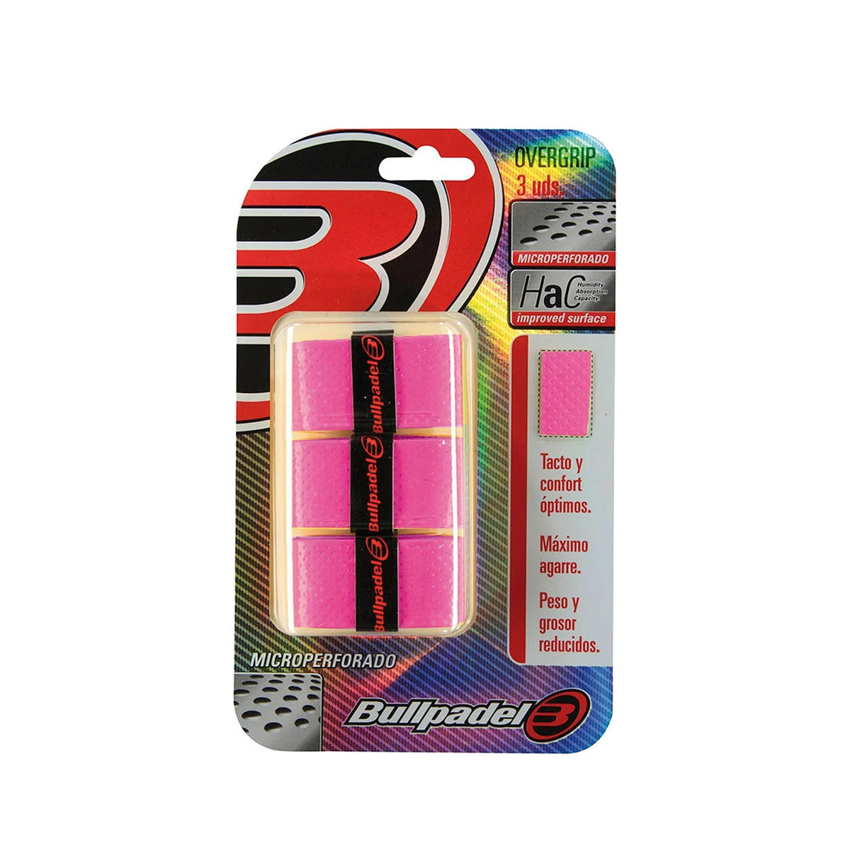 Bullpadel Microperforado overgrips Pink, verpakking met drie roze overgrips