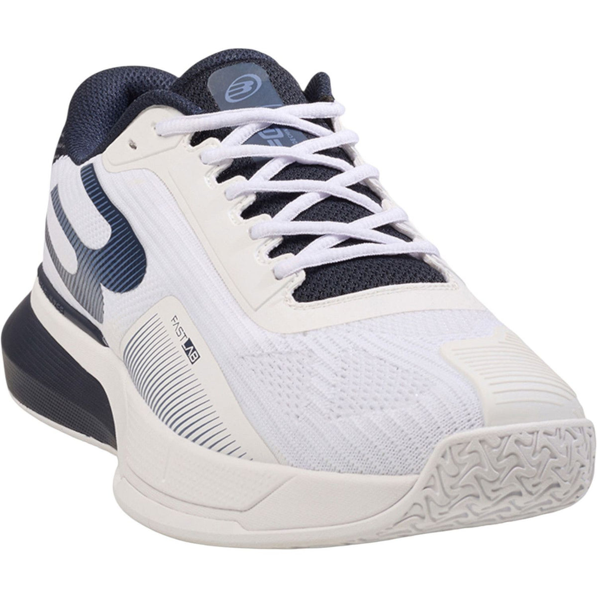 Schuin vooraanzicht van de witte Bullpadel Neuron 26V met donkerblauw logo