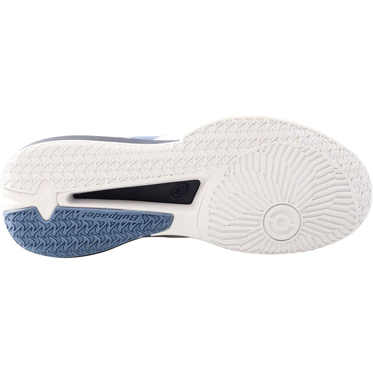 Witte zool van de Bullpadel Neuron 26V met blauw en zwart draaivlak