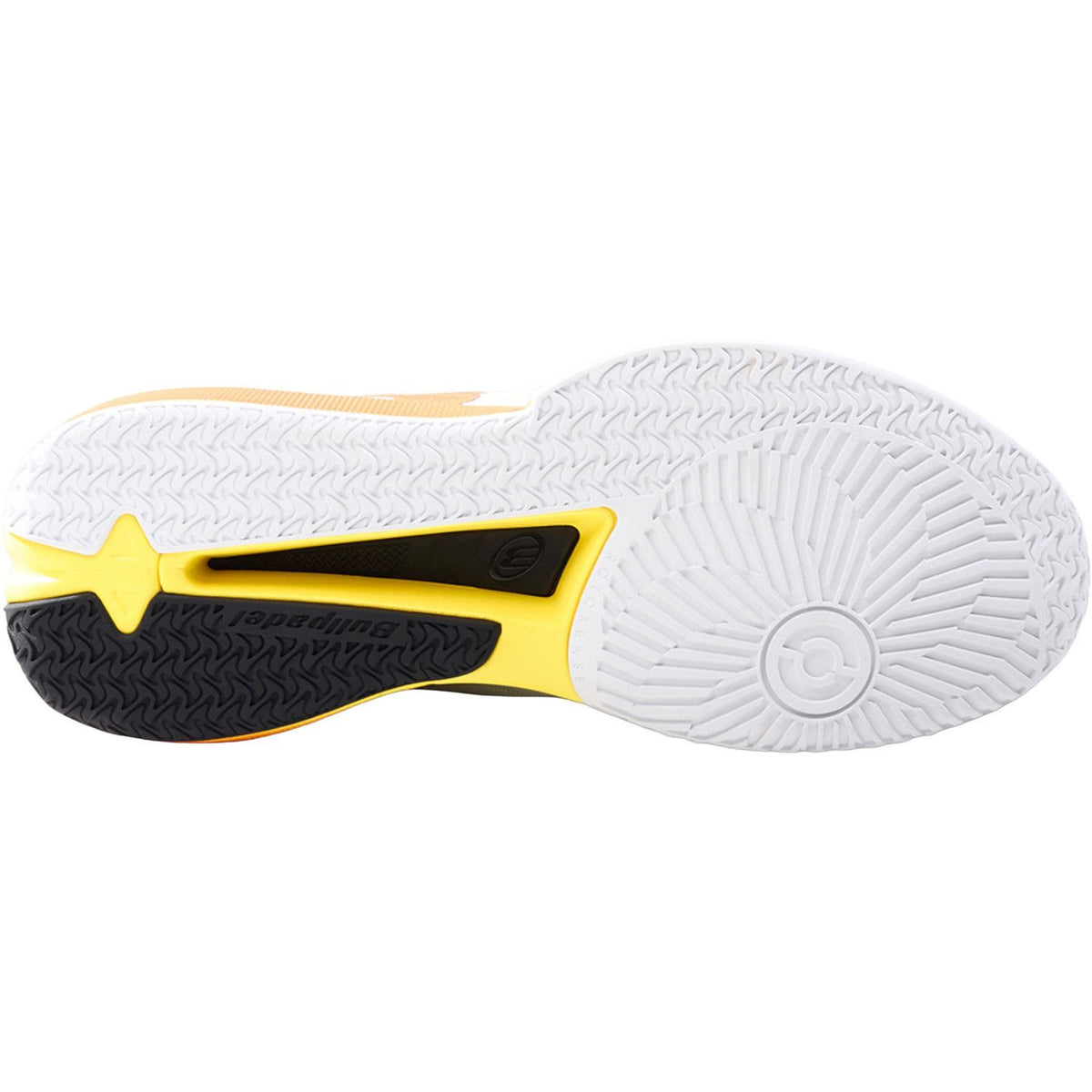 Witte zool van de Bullpadel Neuron 26V met geel en zwart draaivlak