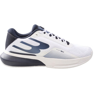 Bullpadel Neuron 26V in wit met donkerblauwe details, zijaanzicht buitenkant